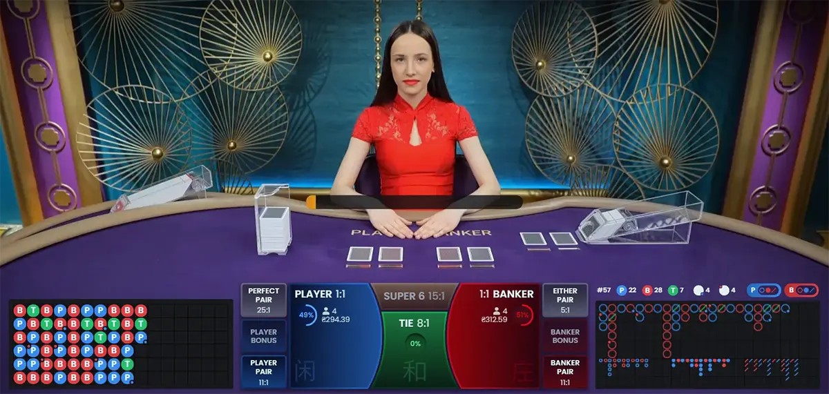 Live baccarat interface showing a dealer in a red dress behind a purple table with Player/Banker betting areas, card shoes on both sides, and on-screen stats including chips, bet options, and roadmaps for previous results.