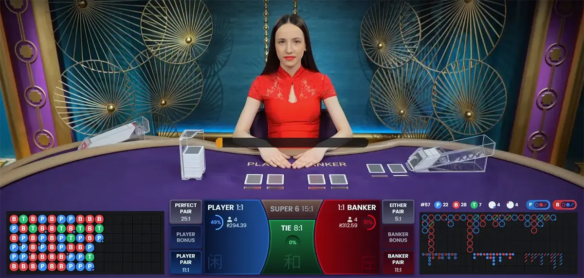 Live baccarat interface showing a dealer in a red dress behind a purple table with Player/Banker betting areas, card shoes on both sides, and on-screen stats including chips, bet options, and roadmaps for previous results.